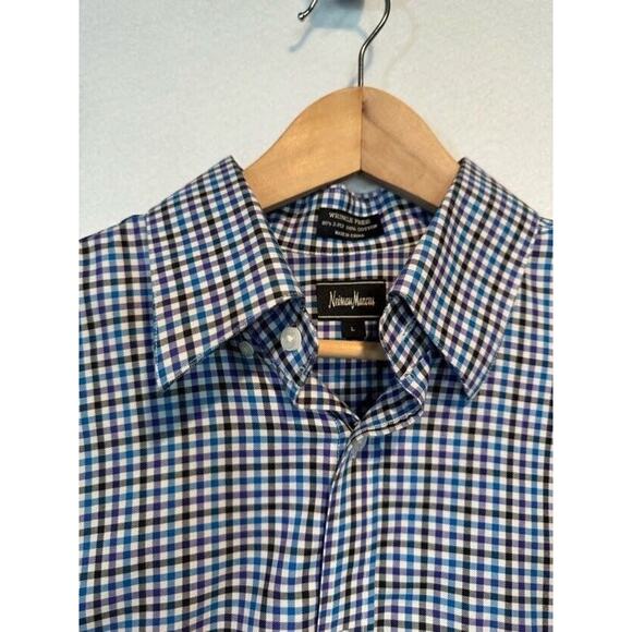 Neiman Marcus Mens Large Plaid Trim Fit Button Up Shirt Black White Purple Blue - Picture 7 of 12